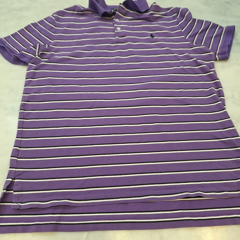 Polo Ralph Lauren Polo Shirt Mens L Purple Striped Stretch Mesh Pony Logo Spot